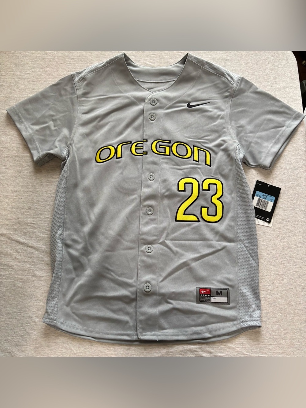 Nike Oregon Ducks Youth Baseball Jersey Gray Yellow #23 Size M NWT